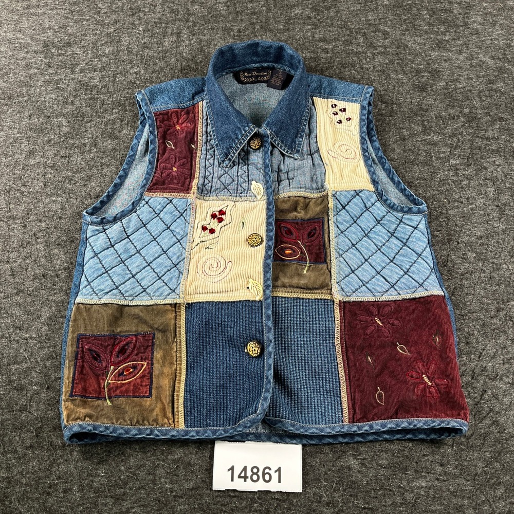 New Direction Vest Womens Large Blue Denim Cotton Patchwork Embroidered Outdoor